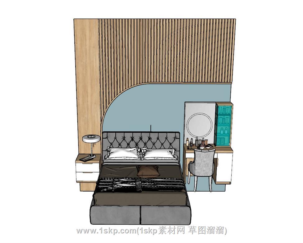 床铺木质背景墙SU模型 2