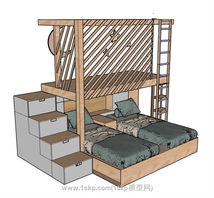 儿童上下铺床铺SU模型 3
