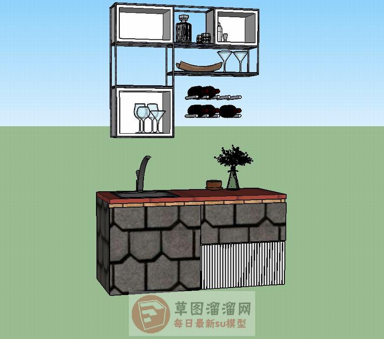 石质酒柜洗手池SU模型 1