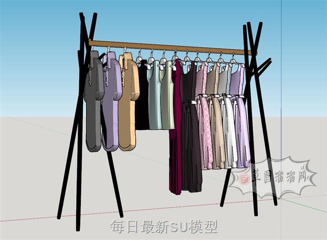 竹竿晾衣杆衣服SU模型 1