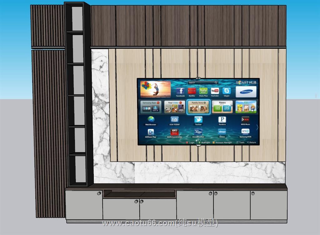 木制电视柜电视墙SU模型 1