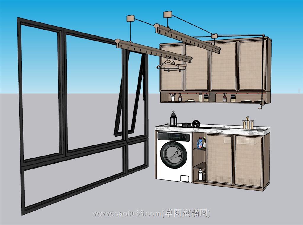 洗衣柜晾衣杆落地窗SU模型 1