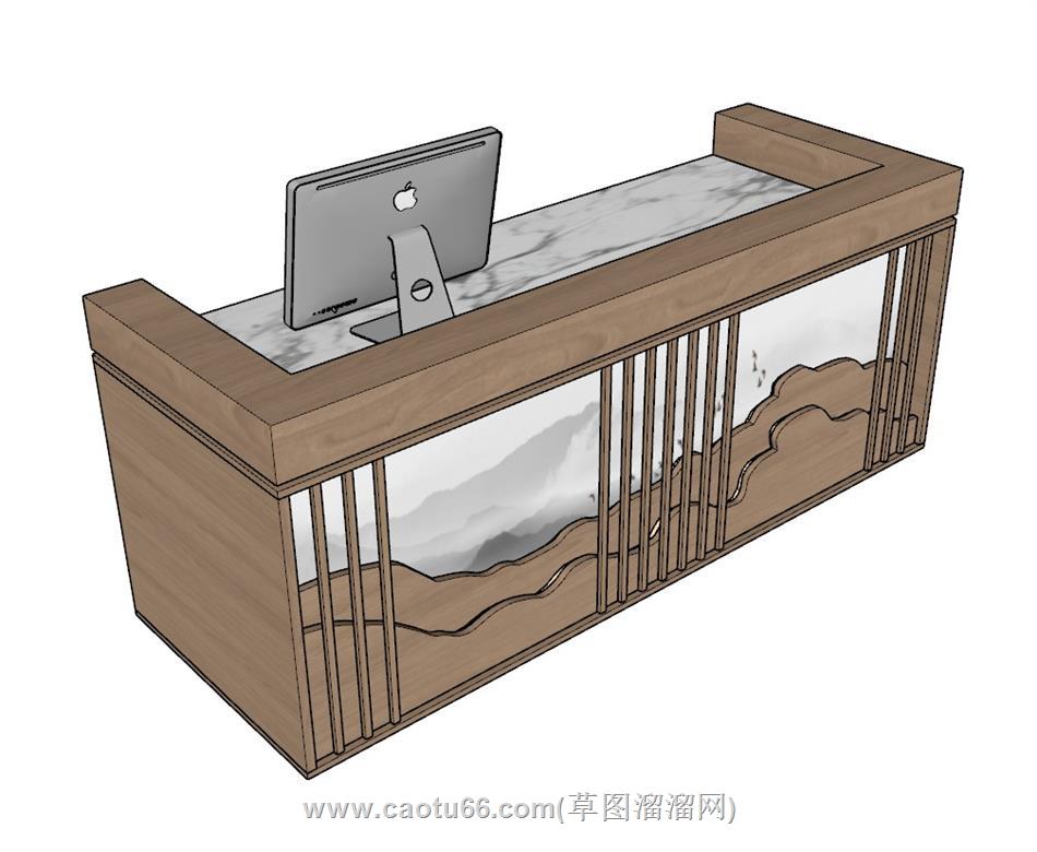 新中式前台柜接待台SU模型 3