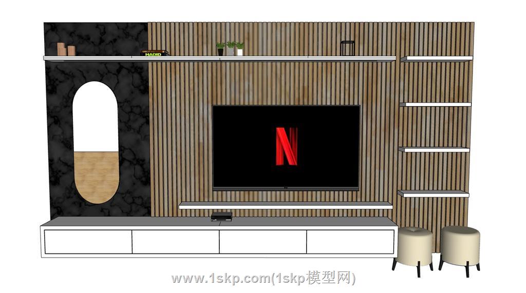 木制电视墙电视柜SU模型 2