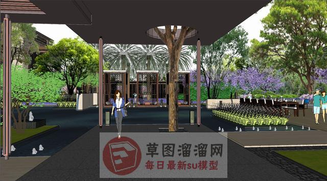 新中式酒店庭院SU模型 6