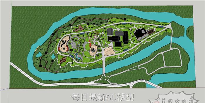 中式风格公园景观SU模型 1