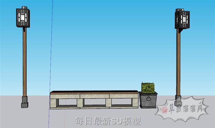 中式路灯长椅SU模型 1