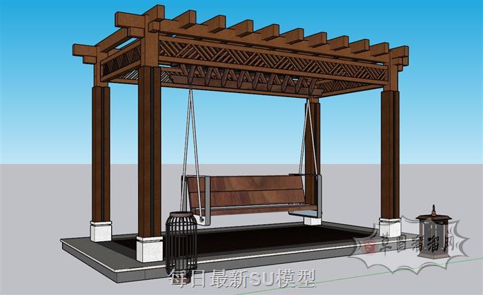 秋千椅廊亭廊架SU模型 1