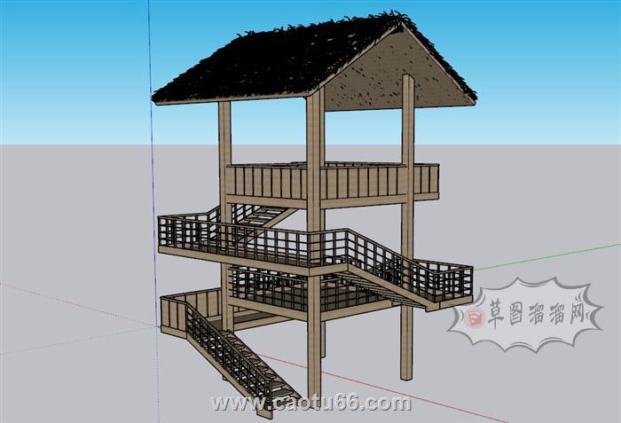 观景台茅草楼SU模型 1