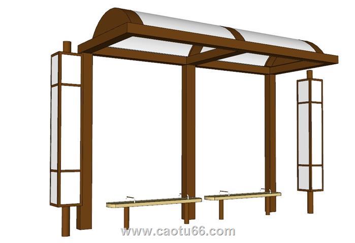 日式公交车站候车亭SU模型 1