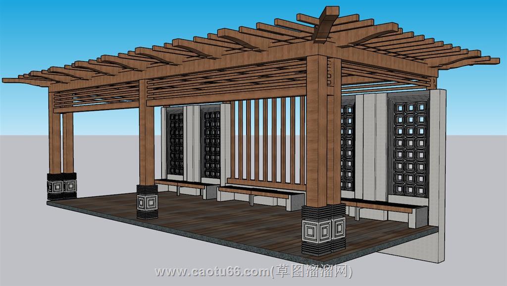 中式木制廊架SU模型 1