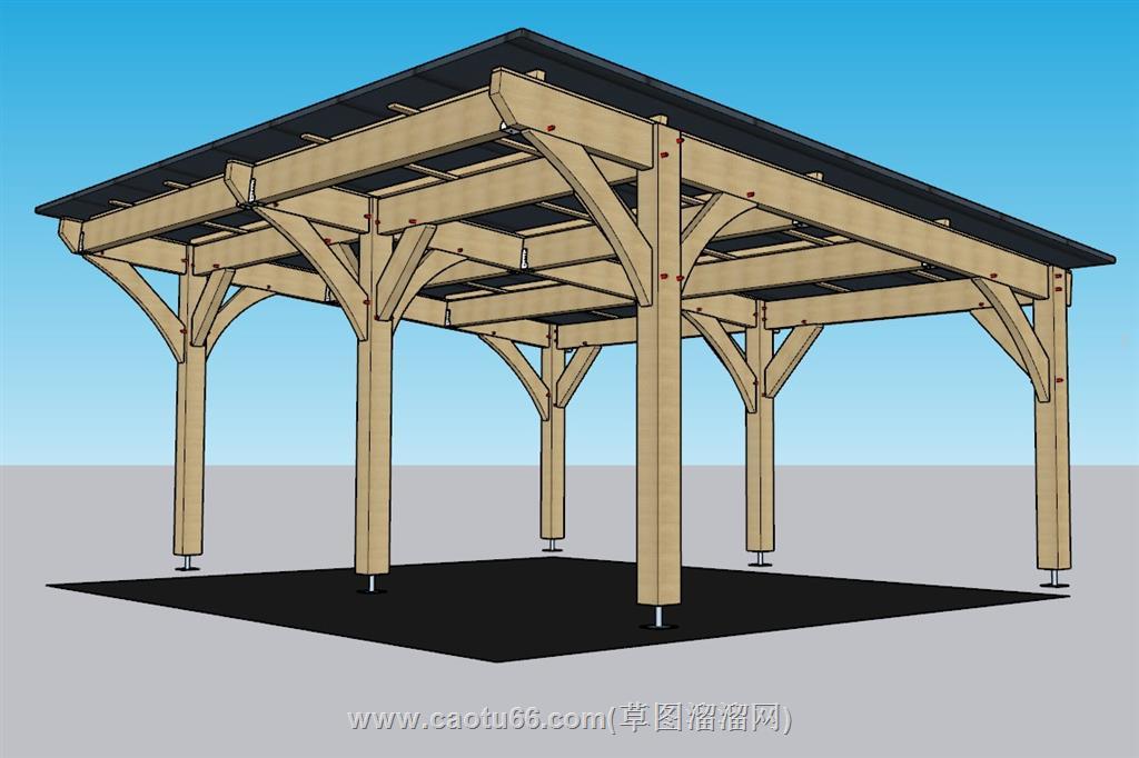 木制停车棚SU模型 1