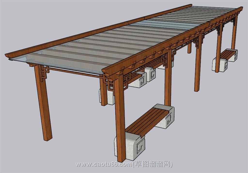 中式廊亭廊架SU模型 1