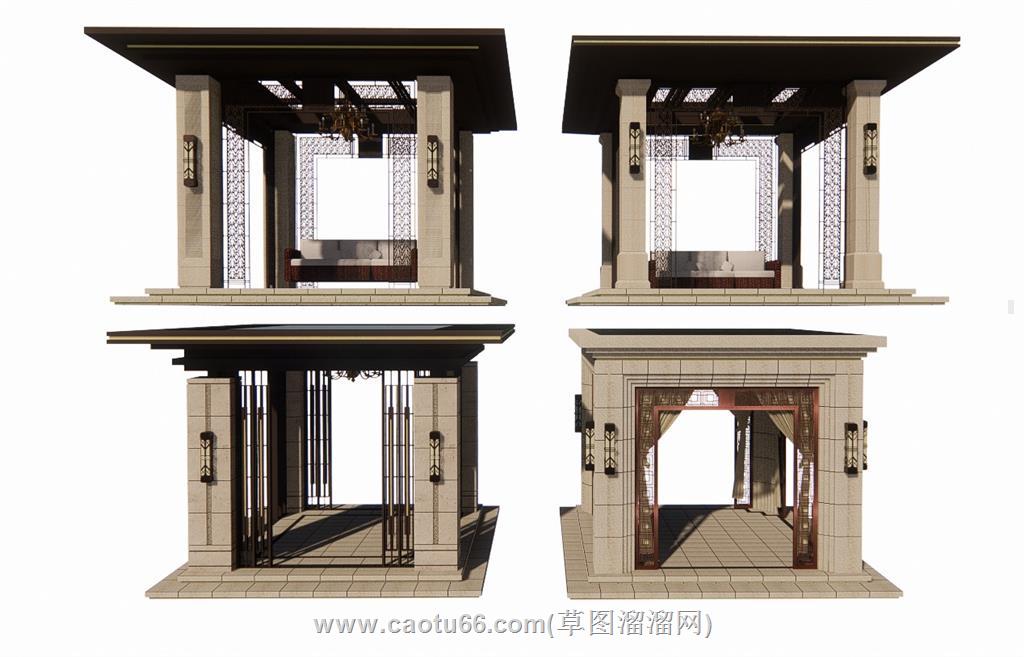 新中式亭子廊架SU模型 1