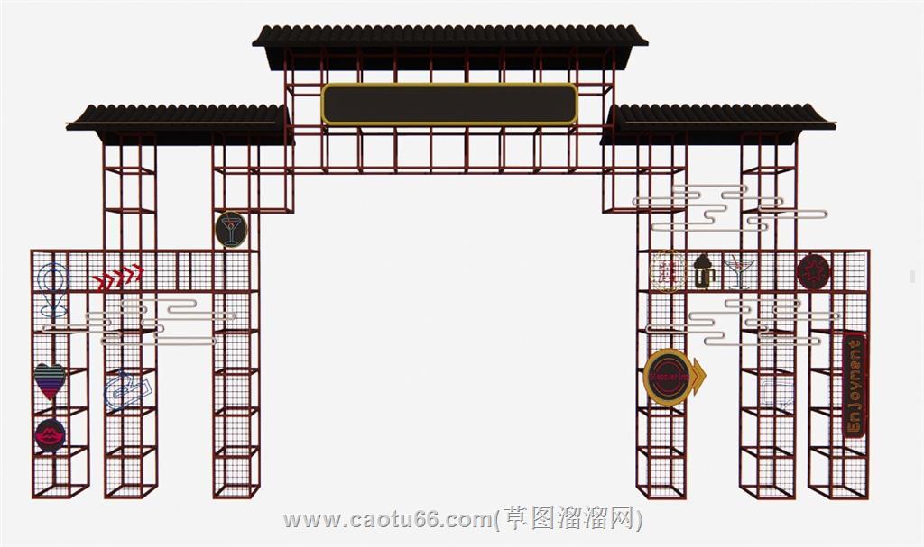 美食街门楼SU模型 1