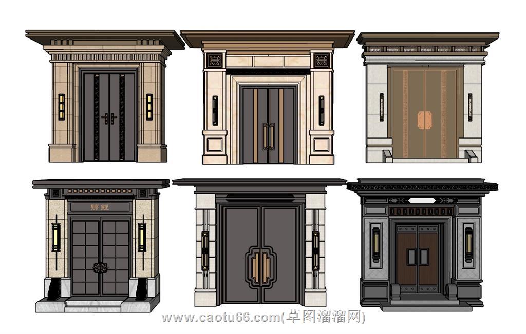新中式入户门院门SU模型 2