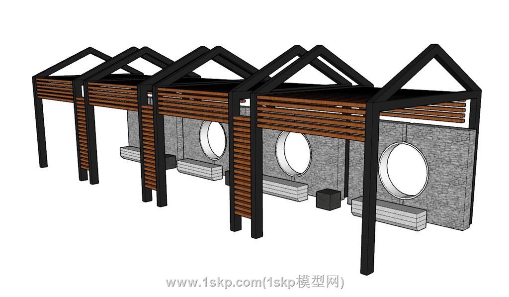 中式廊架座椅SU模型 1