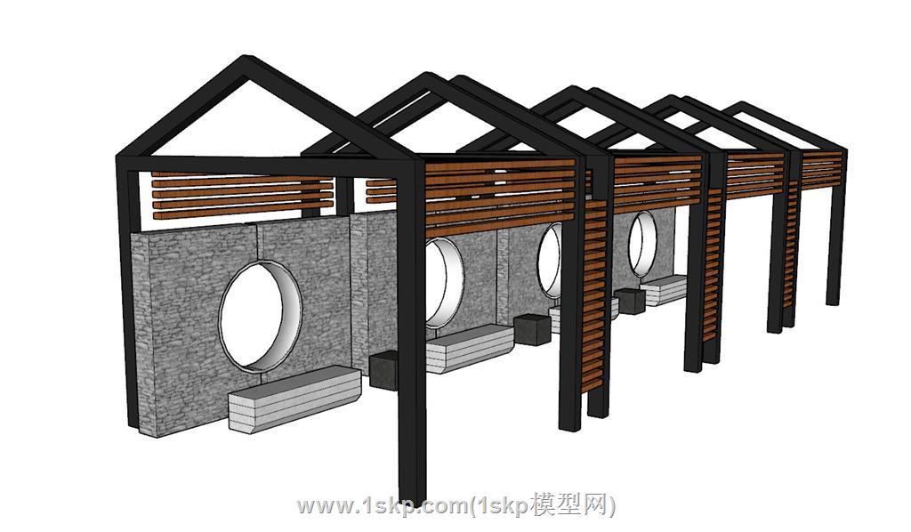 中式廊架座椅SU模型 2