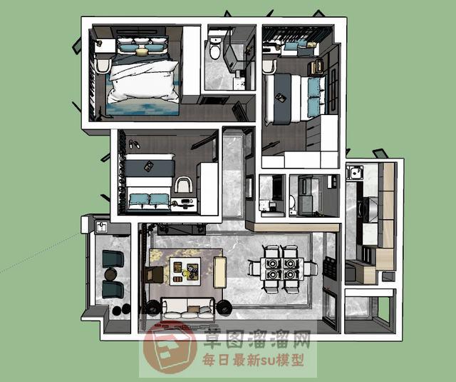 三房家装户型SU模型 1