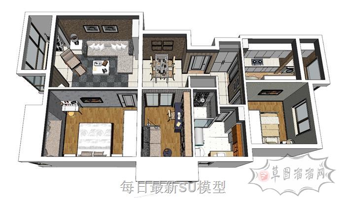 三居室家装户型SU模型 1