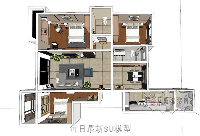 三房家装户型SU模型 1