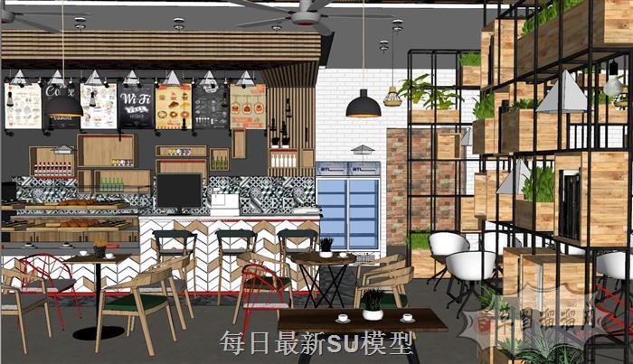 工业风奶茶店餐饮店SU模型 5