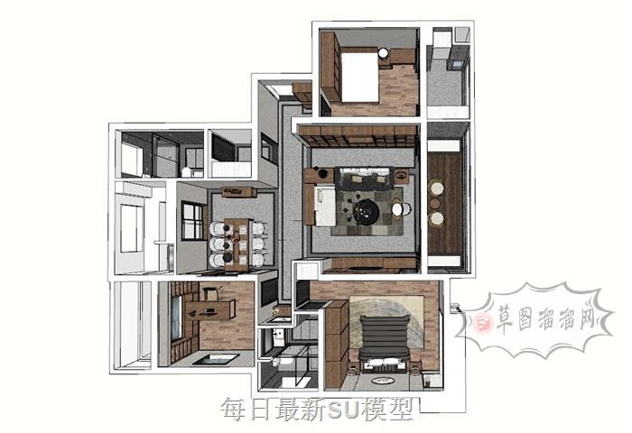 家装户型鸟瞰SU模型 1