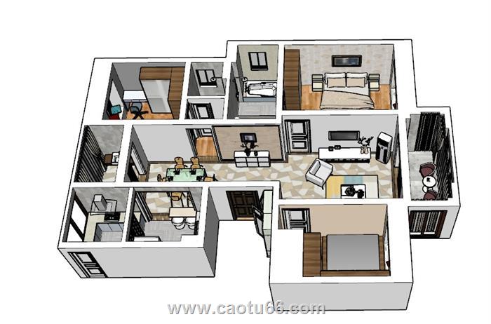 三房2厅三房家装SU模型 1