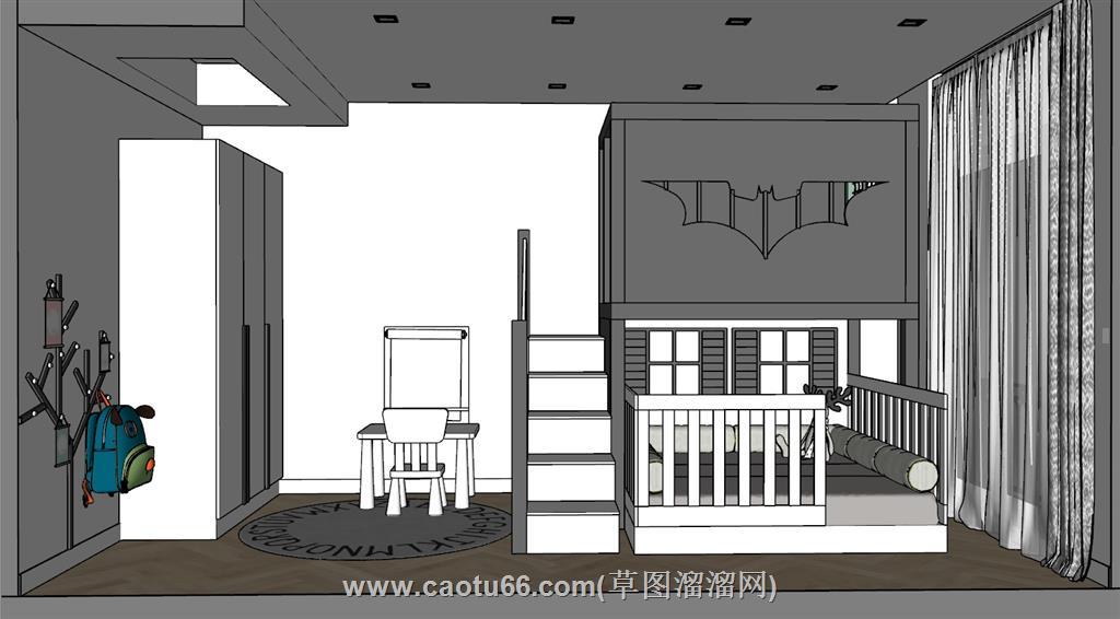 男孩房儿童房上下铺SU模型 1