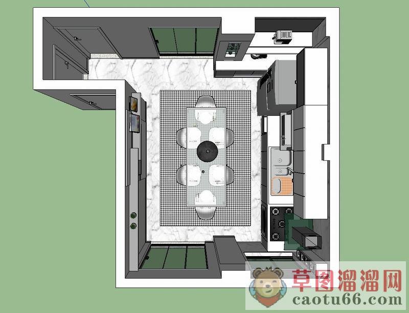 现代厨房餐桌椅SU模型 1