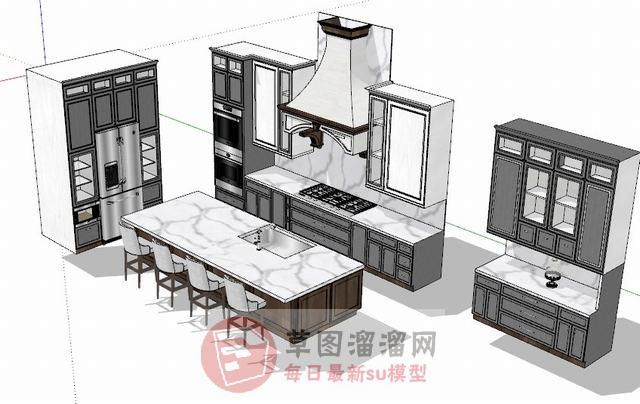 北欧厨房水吧台SU模型 1