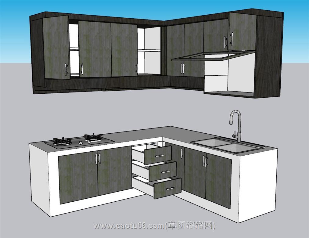 L形厨房橱柜SU模型 1