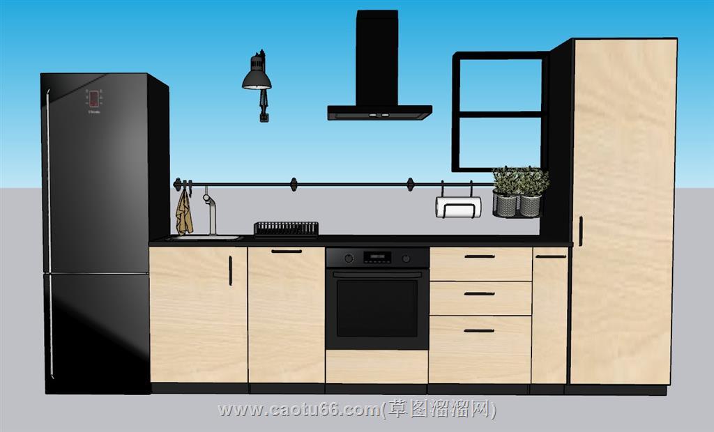 一字型厨房橱柜SU模型 1