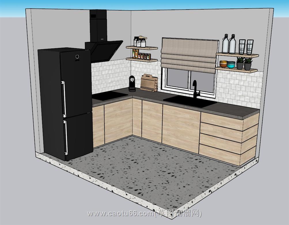 L形厨房橱柜SU模型 1