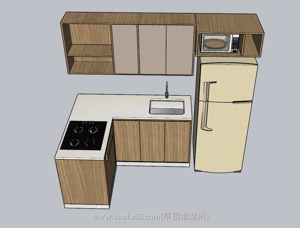 L形厨房橱柜SU模型 1