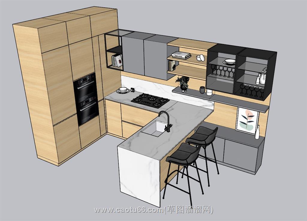 U形厨房橱柜SU模型 1