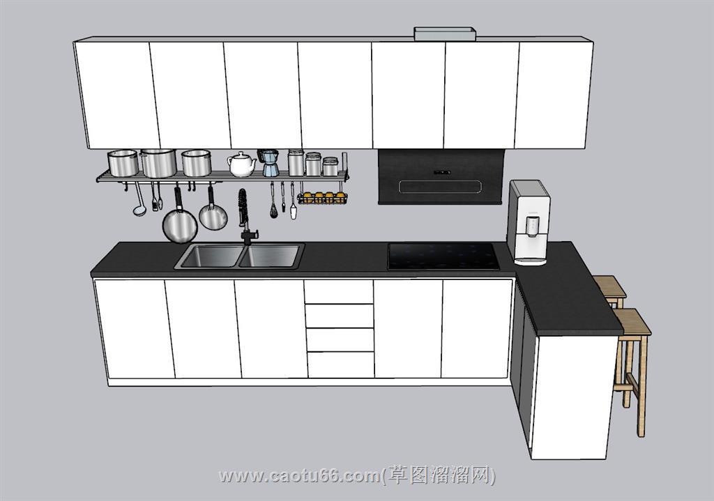 L形厨房橱柜SU模型 1