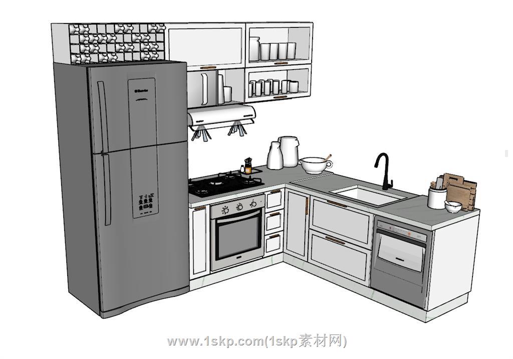 L形厨房橱柜SU模型 1