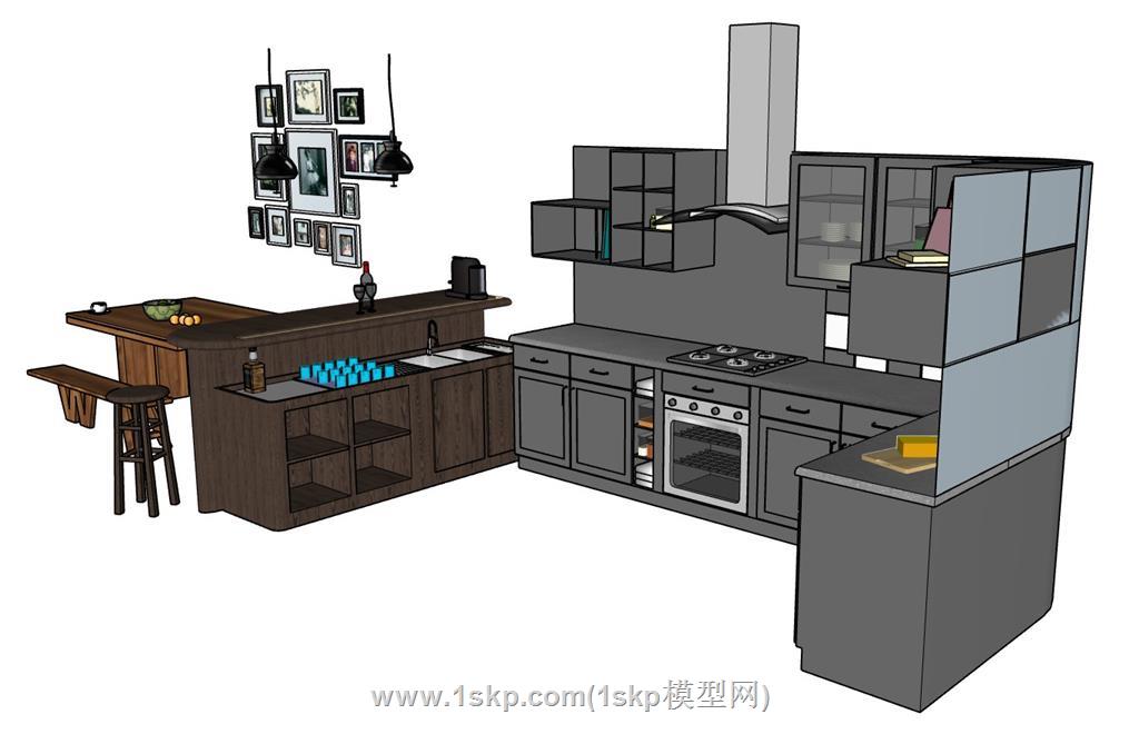 厨房吧台桌椅SU模型 2