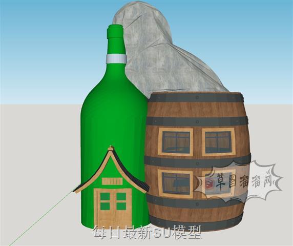 酒瓶酒桶木屋SU模型 1