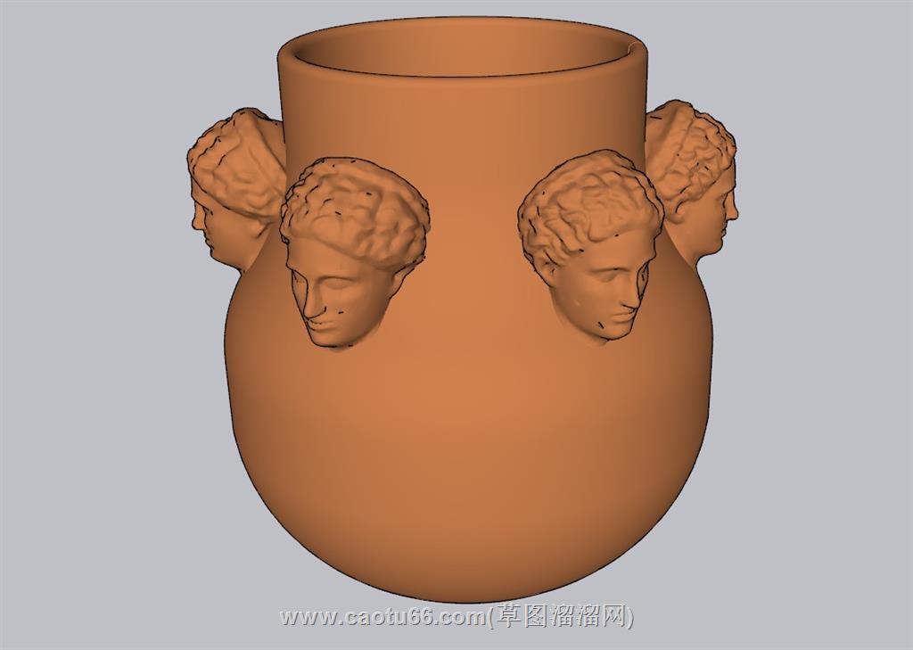 陶罐瓶子人头像SU模型 1