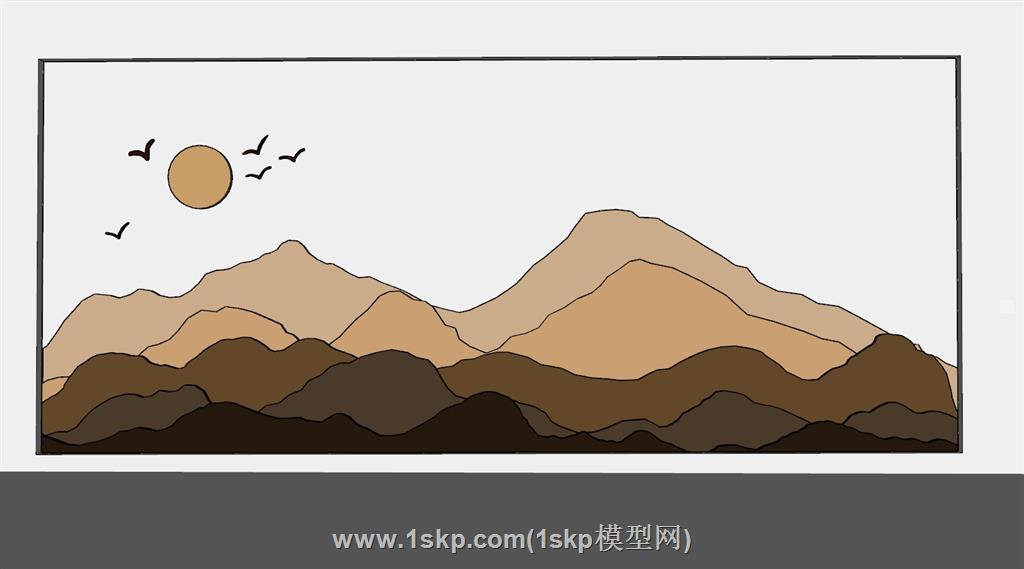 新中式山水背景墙SU模型 2