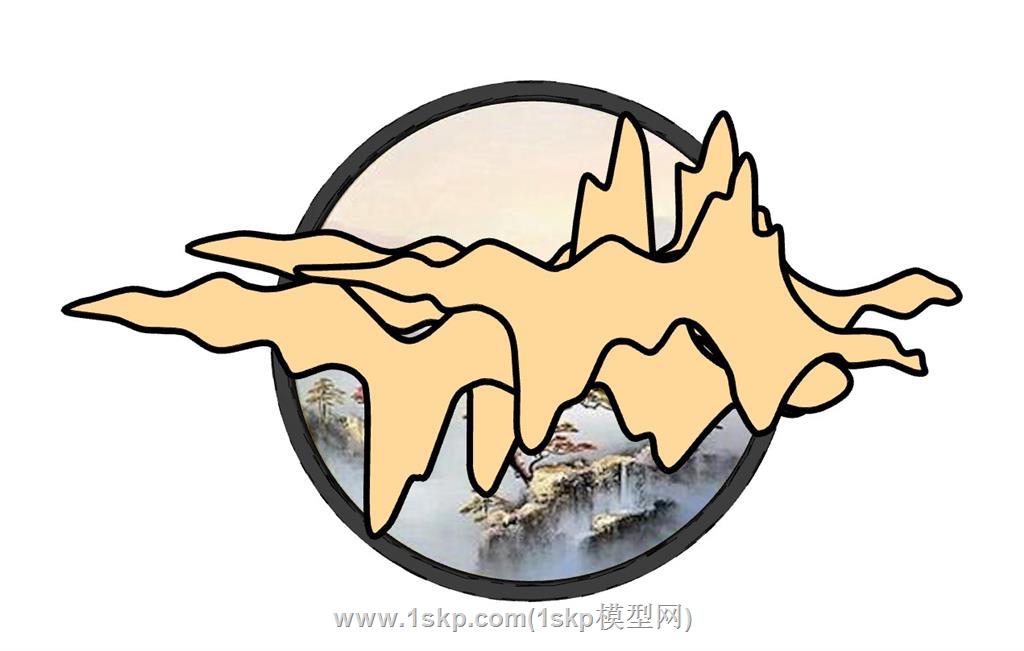 中式金属山水影壁SU模型 1