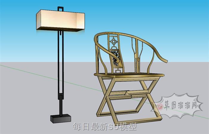 中式扶手椅落地灯SU模型 1