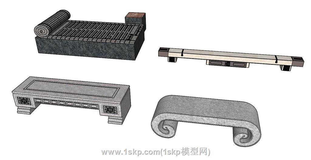 中式石条凳长凳石凳SU模型 1