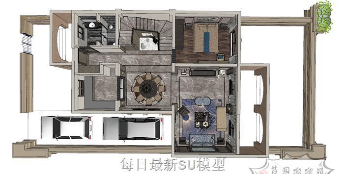 新中式别墅室内SU模型 1