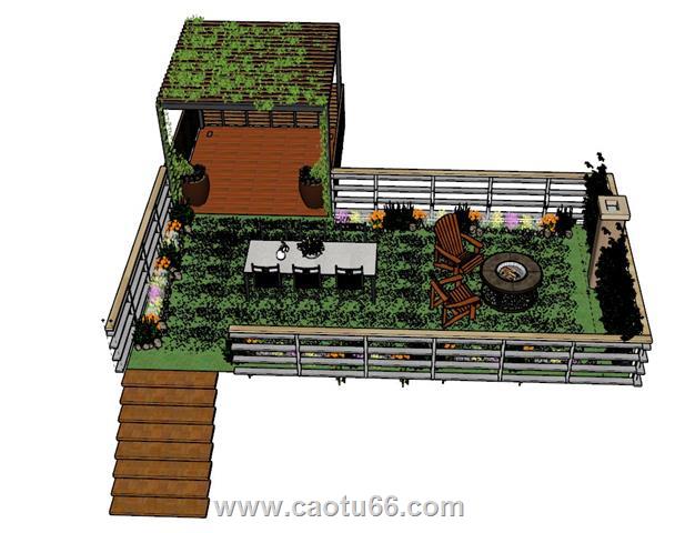 屋顶花园草地亭子SU模型 1