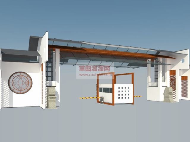 新中式仿古小区入口SU模型 1