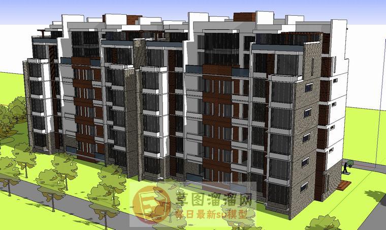 新中式公寓建筑SU模型 3