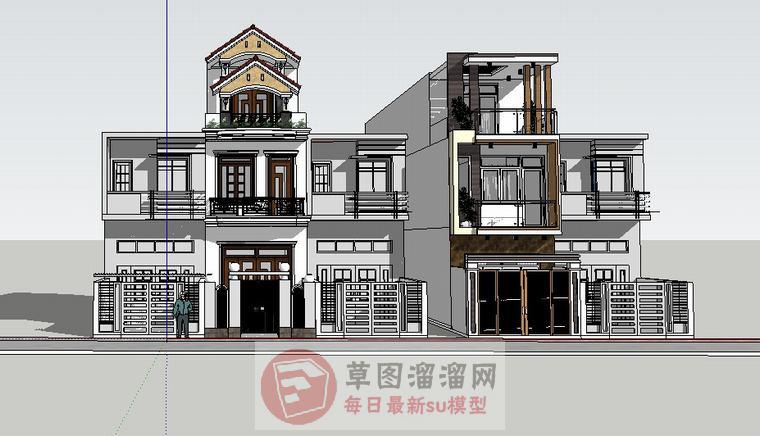 沿街别墅建筑SU模型 1